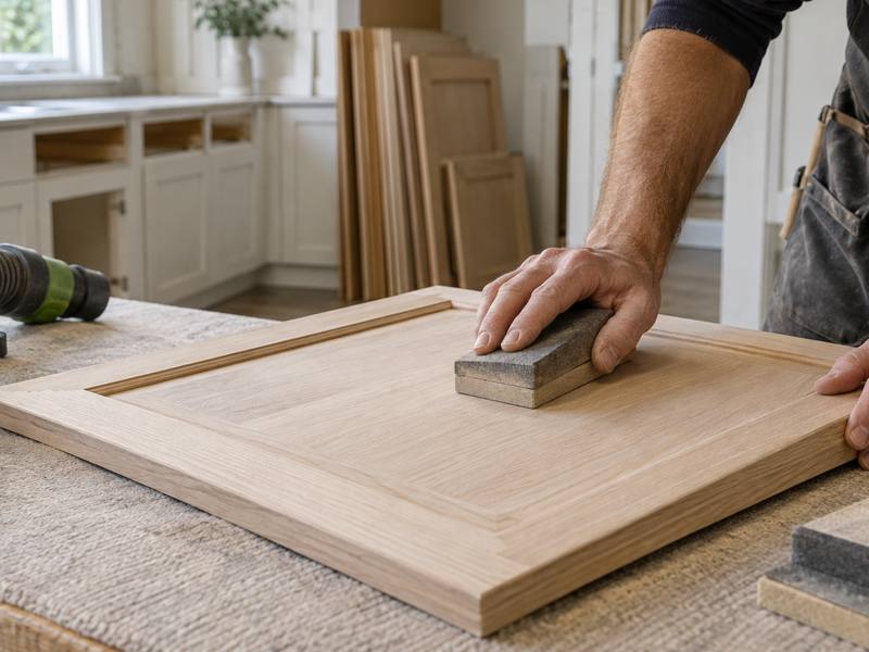 Hands sanding a bare cabinet door smooth with a sanding block.