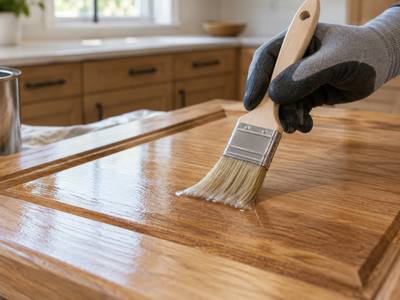 A brush in a gloved hand lays a clear topcoat over a freshly stained door.