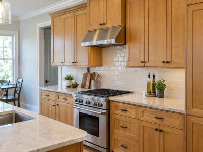 Honey-toned maple cabinets and a stone-covered island, a look found in many East Credit homes.