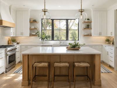 Pendant lights above a broad pale-wood island and stools in a bright white kitchen.