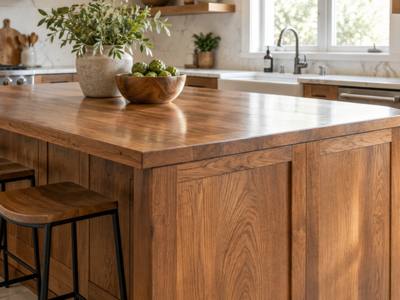 A refinished wood island with stools in a white kitchen.