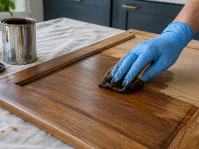 Stain being rubbed into a wood door by a gloved hand, with the open can close by.