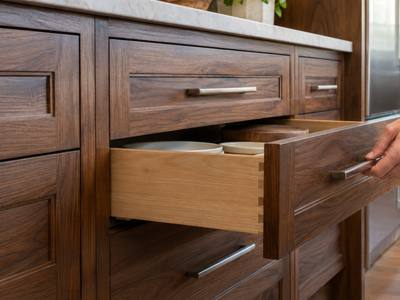 A walnut drawer slides open from a tall stack of matching wood drawers.