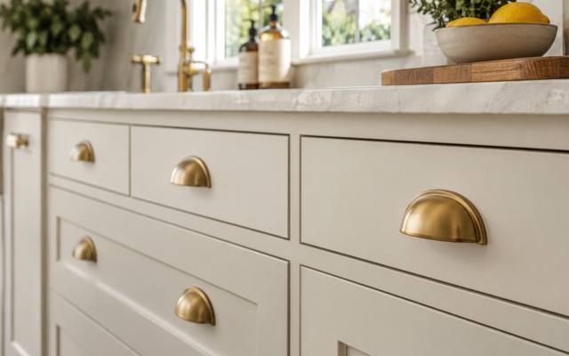 Cream painted drawer fronts fitted with brass cup pulls.