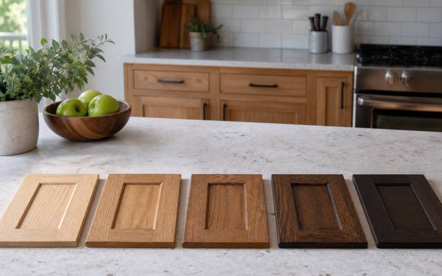 A row of five stained sample boards set out on a countertop for comparison.
