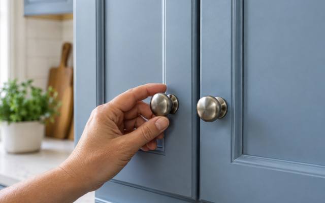 Fingers turn a brushed nickel knob fitted to a door painted blue.