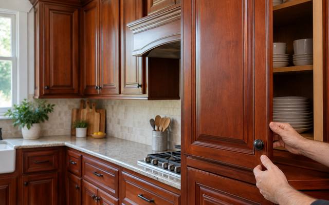 Raised-panel cherry cabinets in a warm stain, with one hand resting against a door.