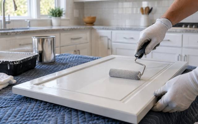 A roller spreads white coating across a cabinet door lying on a padded work table.