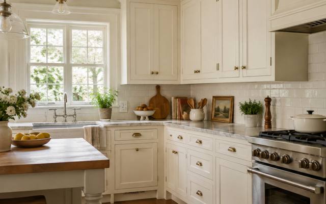 Cream painted cabinets frame a range, with a butcher-block island in front, in a kitchen like many in East Credit.