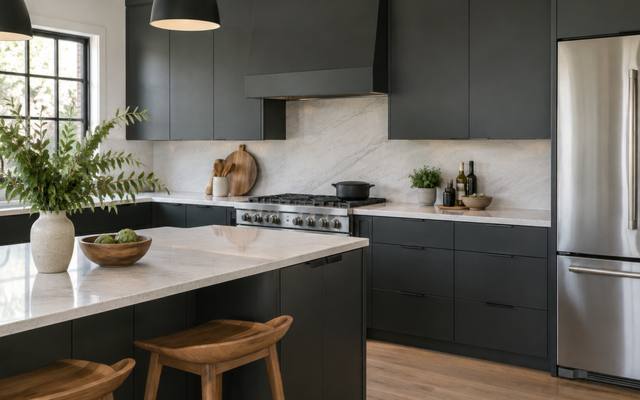 Charcoal cabinets line the walls behind an island with a white top and wooden stools.