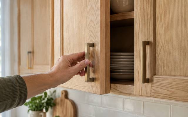 Someone swings open an upper white oak cabinet, its open grain clearly visible.