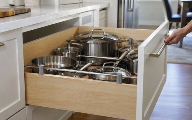 A deep painted drawer pulled open to show pots and pans inside.
