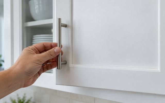 A white cabinet door with a smooth factory-style coat is pulled open by one hand.