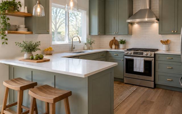 Pendant lights hang over a sage island and stools, set against white perimeter cabinets.