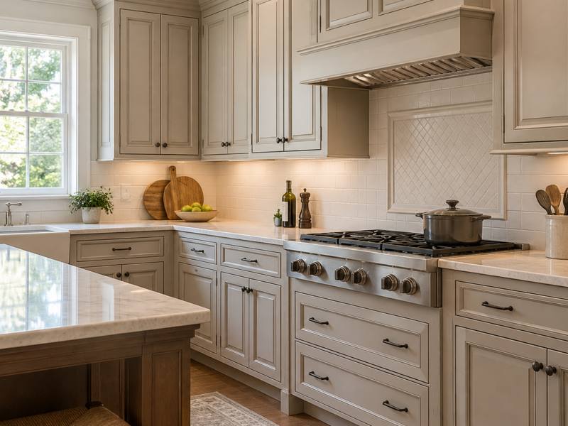 Greige cabinets in a soft warm tone around a hooded range, with bar stools at the island.